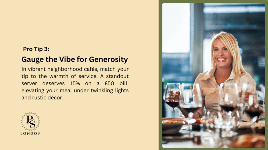 A woman sits at a restaurant table with wine glasses, under twinkling lights. Text advises: "Gauge the Vibe for Generosity Tipping in Restaurants," suggesting a 15% tip on a £50 bill to match the warm service in London's vibrant cafés.
