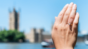 Hand with engagement ring against a blurred Big Ben and Thames backdrop, symbolizing a romantic London proposal.