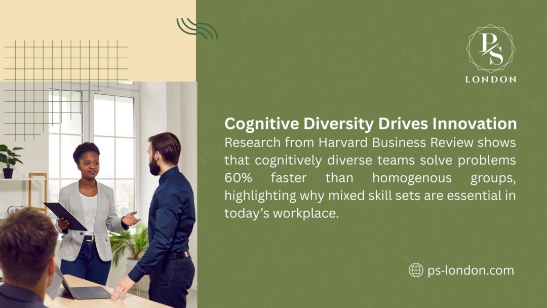 Two professionals discussing in an office, with text citing Harvard Business Review research on cognitive diversity boosting innovation by 60% faster problem-solving.