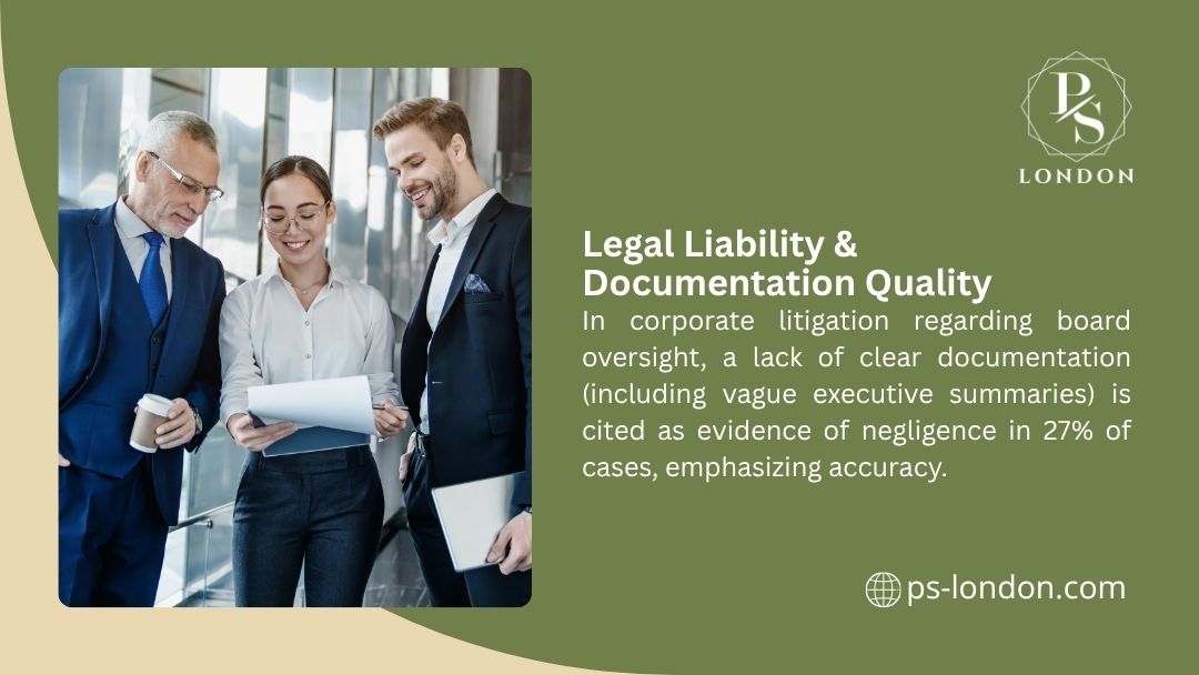 The image is titled Legal Liability & Documentation Quality, and it states that a lack of clear documentation (like vague executive summaries) is cited as evidence of negligence in 27% of corporate litigation cases.