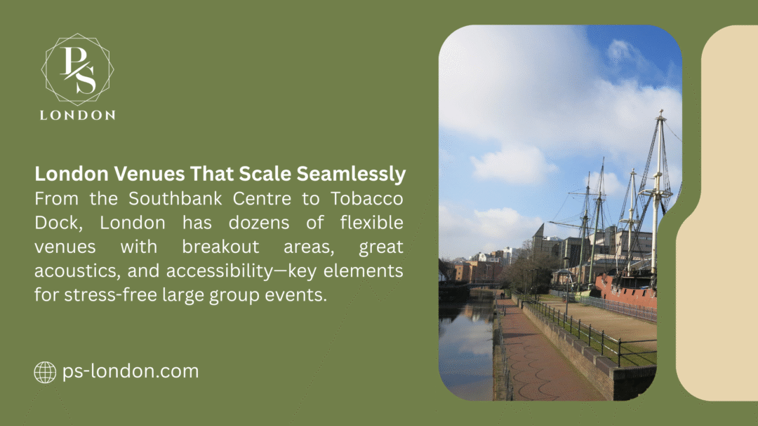 Image of a ship at Tobacco Dock by water, promoting "venues" with text highlighting flexible London venues with great acoustics and accessibility for events.