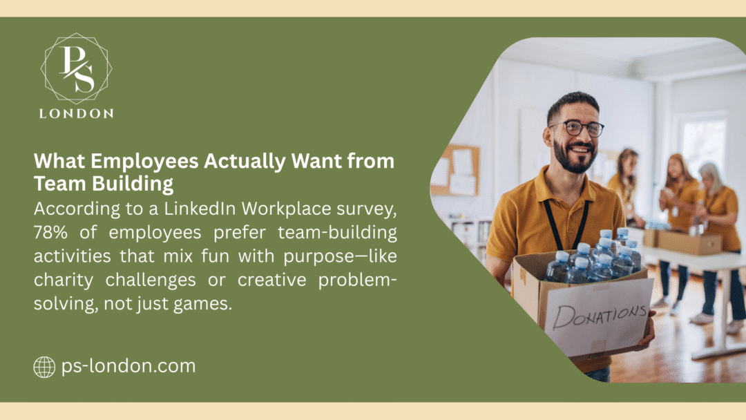 Image of a person holding a box labeled "Donations" with water bottles, reflecting a LinkedIn survey showing 78% of employees prefer team-building with purpose like charity, not just games.