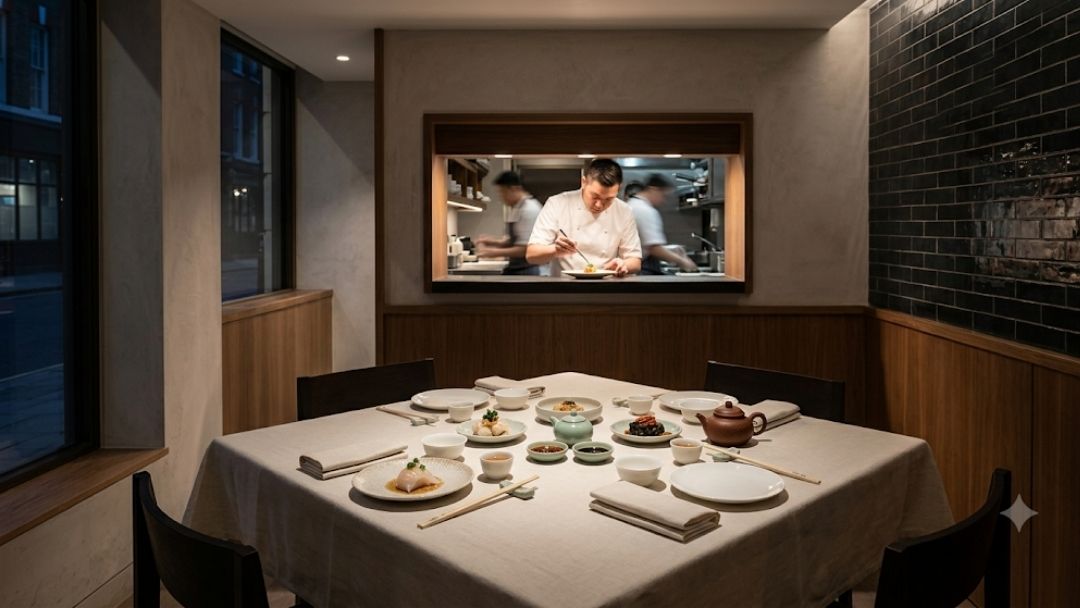 A. Wong restaurant — table set for regional Chinese fine dining with view into open kitchen where chef plates a dish