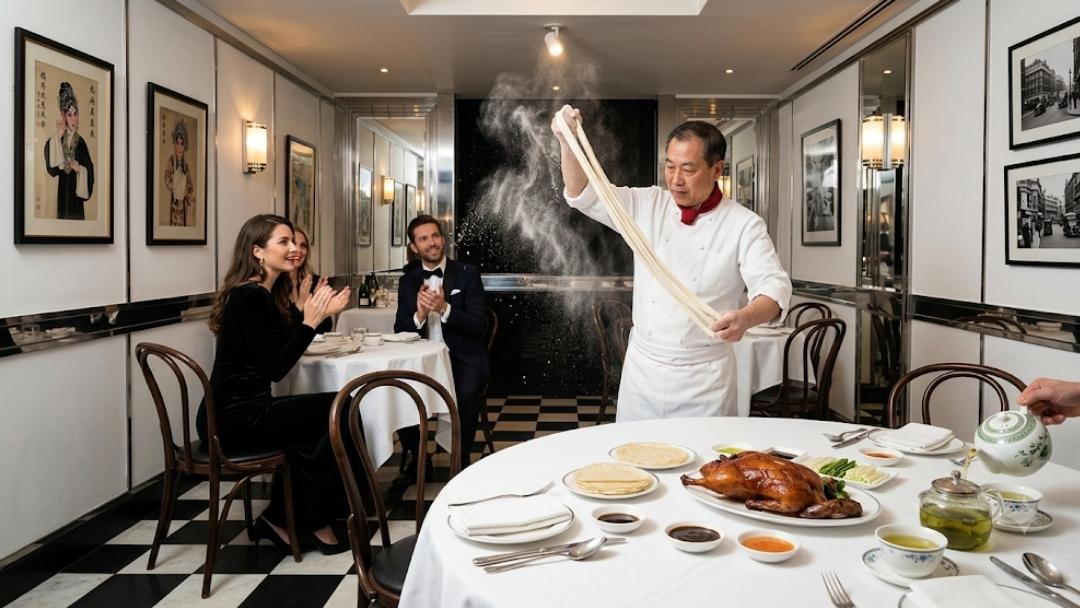 Mr Chow — chef performing tableside hand-pulled noodle show tossing flour as diners applaud, iconic London Chinese dining room