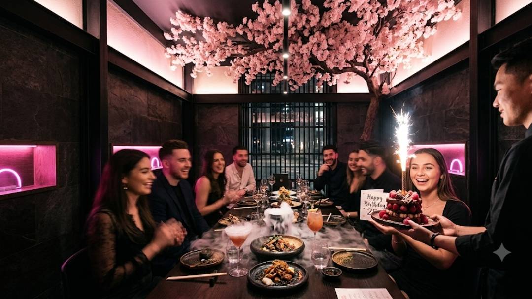 Tattu — birthday celebration under illuminated cherry blossom tree, waiter presenting sparkler dessert to smiling guest at long table