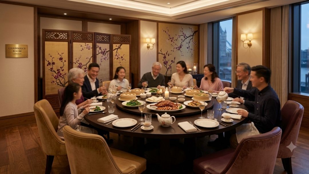 Mei Ume at Four Seasons — family gathered at round table in Chairman's Room with cherry blossom art and Tower Bridge view
