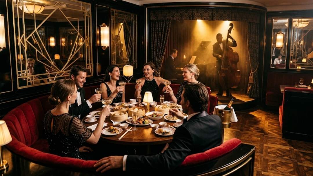 Park Chinois — glamorous group celebration with champagne toast at round table, live jazz musicians performing in background