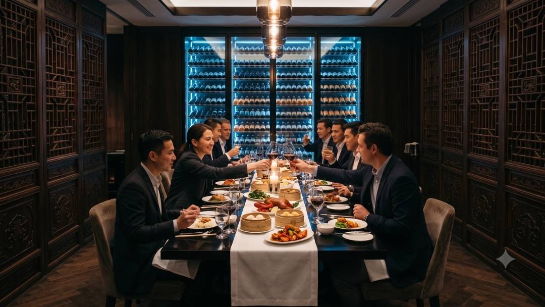 Hakkasan Mayfair — corporate group toasting wine at private dining table beside illuminated wine wall, Chinese fine dining setting