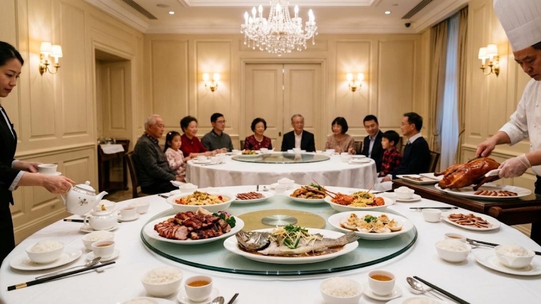 Imperial Treasure — traditional Cantonese banquet on round table with lazy Susan, family gathered under crystal chandelier, chef carving duck