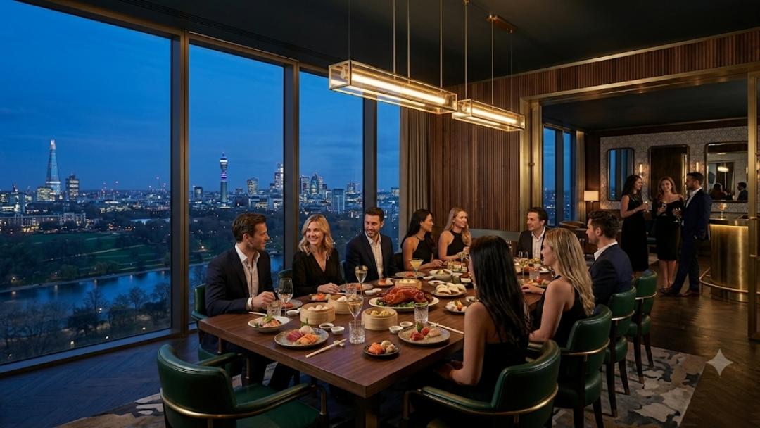 Shanghai Me — corporate group dining at dusk with panoramic London skyline view including the Shard through floor-to-ceiling windows