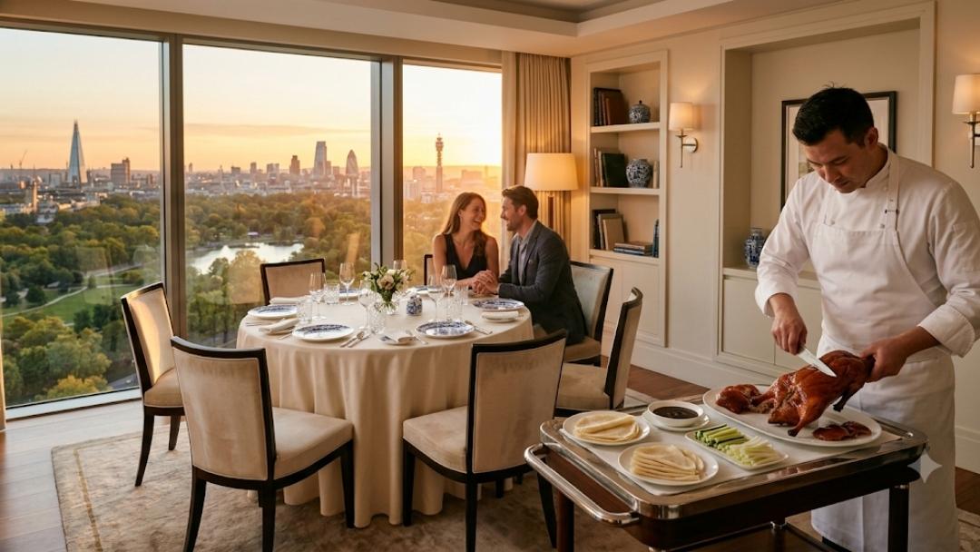 Min Jiang — chef carving Peking duck tableside as couple dines with sunset London skyline and the Shard visible through windows