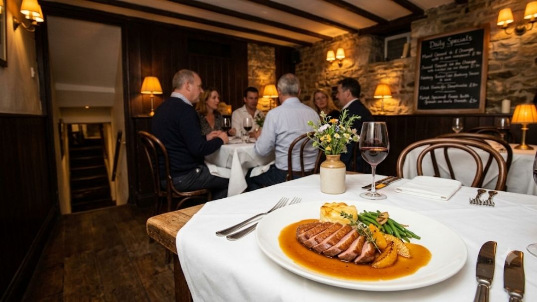 64 Goodge Street small Michelin-starred French private dining: a plated duck dish in the foreground with guests dining at a table in a cozy stone-and-wood room behind.