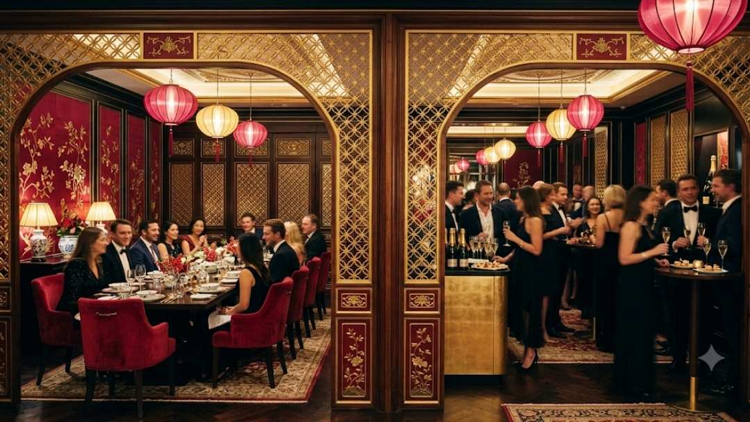 Gouqi — elegant West End dining rooms with red lanterns and gold accents, guests seated for dinner and mingling with champagne