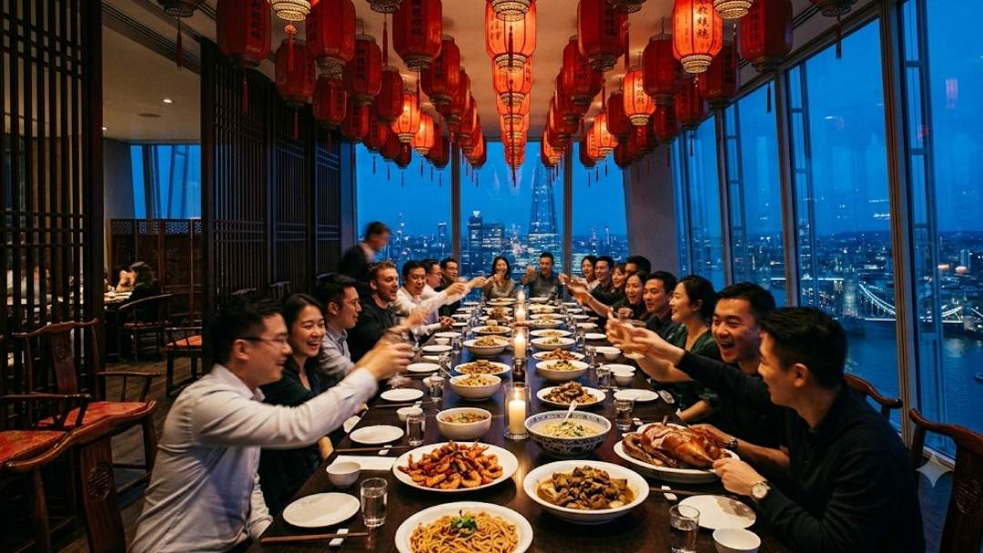Hutong at the Shard — large group celebration with red lanterns overhead, toasting at long table with Tower Bridge view below