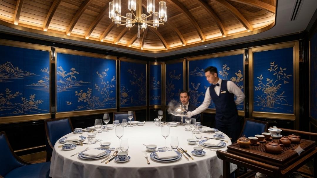 "Canton Blue — waiter serving covered dish tableside beneath vaulted wood ceiling, blue and gold mural panels, luxury hotel dining