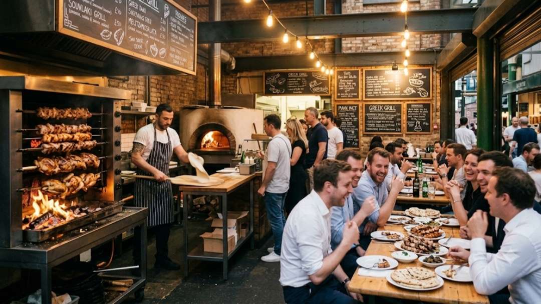 Agora restaurant — casual team dinner at long table beside open Greek grill with rotisserie skewers and wood-fired oven, Borough Market