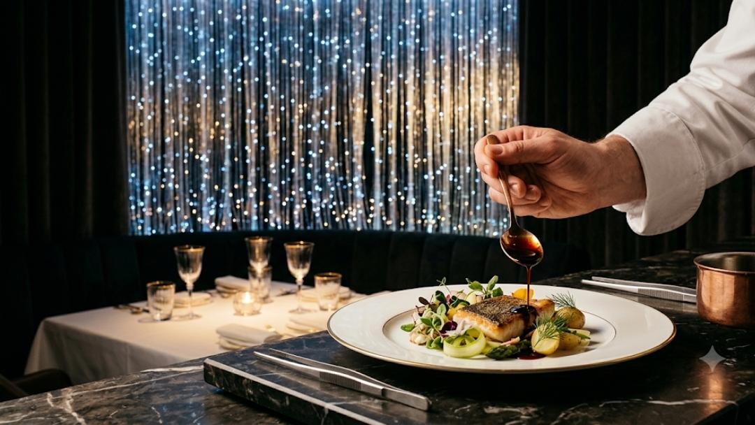 Alain Ducasse at The Dorchester three-Michelin-star French fine dining: a chef spoons sauce over a plated fish dish, with a candlelit table and shimmering light backdrop behind.