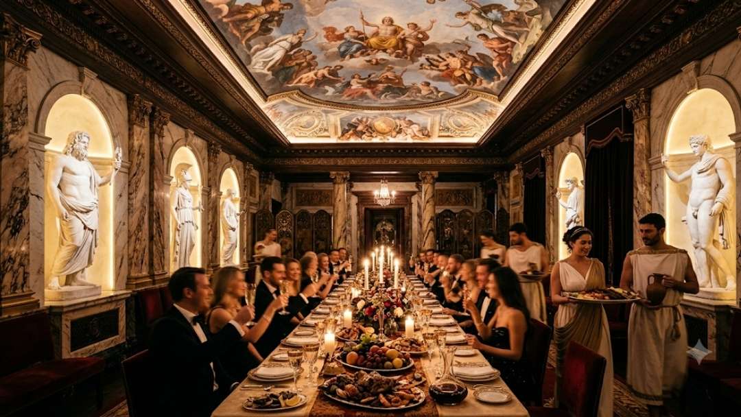 Bacchanalia — extravagant celebration in ornate hall with mythological ceiling fresco, marble statues, and toga-clad servers
