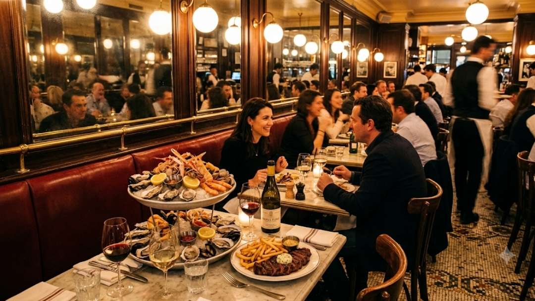 Balthazar Covent Garden large French brasserie private dining: a couple dines over a seafood tower, steak, and wine in a bustling brasserie with red booths and mirrored walls.