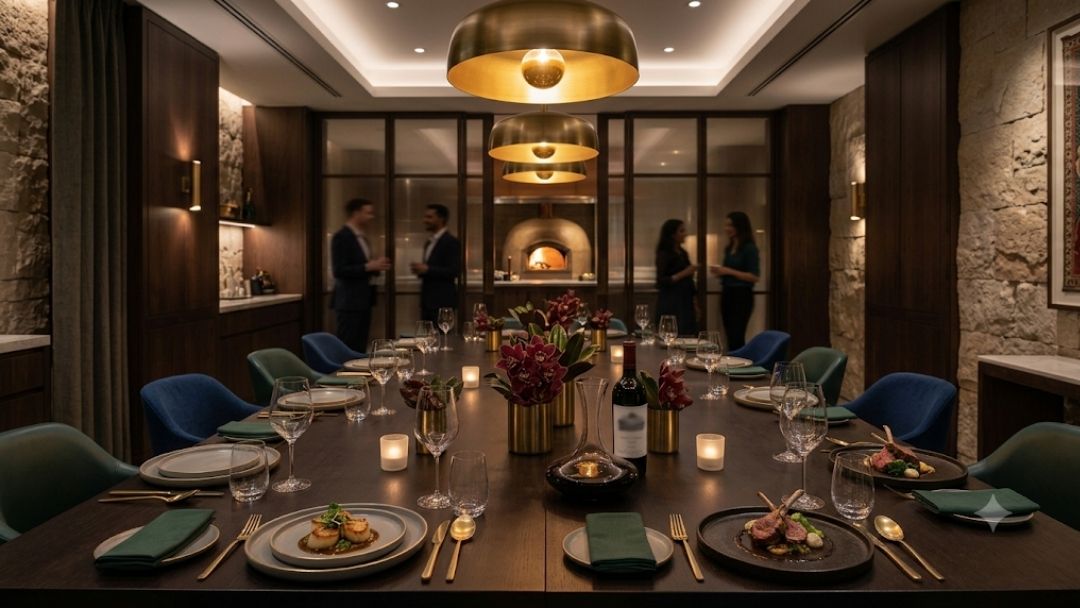 Benares Mayfair private dining room set for corporate event — long table with plated dishes, brass fixtures, guests mingling by pizza oven, London