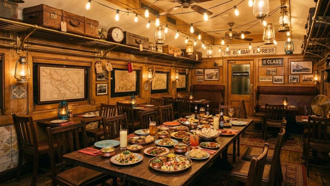 Bombay Bustle Mayfair private dining room styled as vintage train carriage 'Bombay Express' — feast of Indian dishes on long table, London