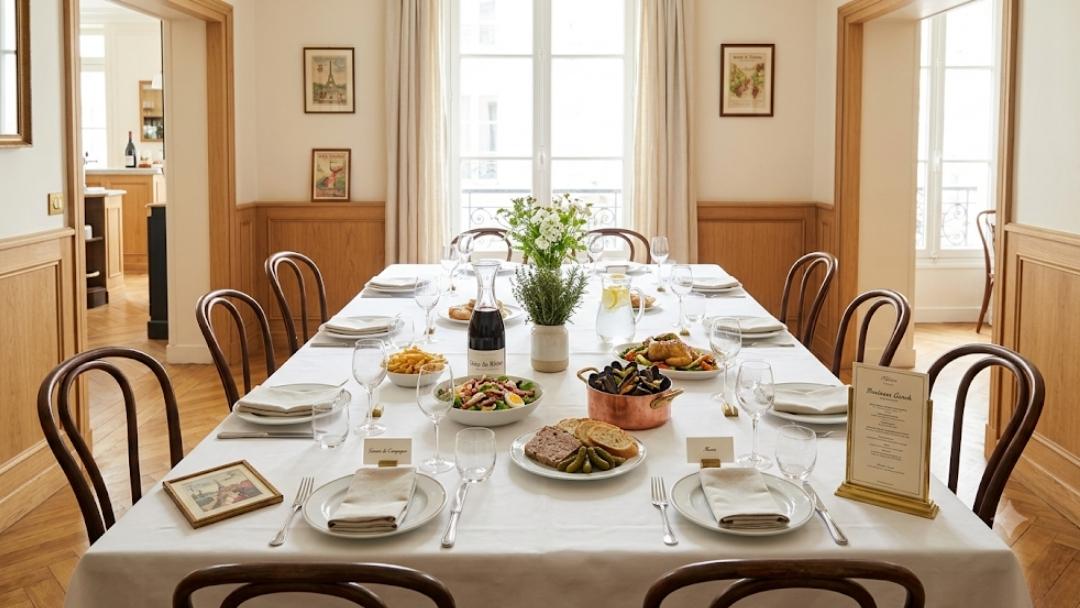 Brasserie Blanc Chancery Lane French private dining for business lunches: a long table set with French dishes, wine, and menus in a bright wood-paneled room with a French balcony.