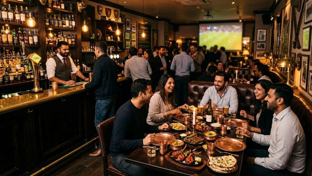 Brigadiers City Indian restaurant London — friends sharing feast at table, lively bar with sport on screen, ideal for team gatherings