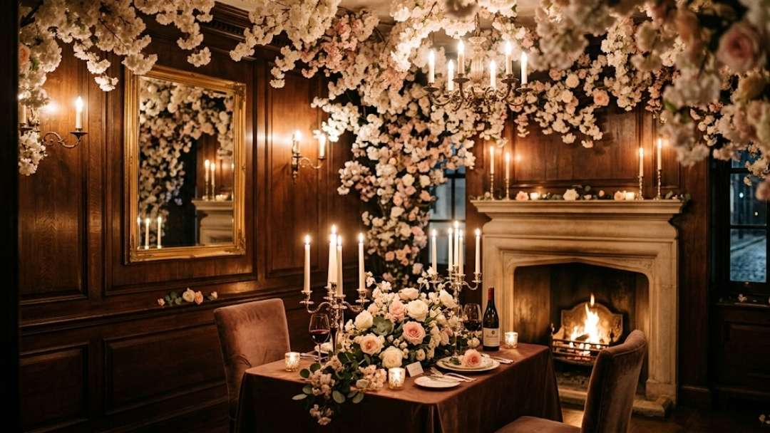 Clos Maggiore London romantic French restaurant in Covent Garden: a candlelit table for two by a fireplace in a wood-paneled room draped with blossoms and roses.