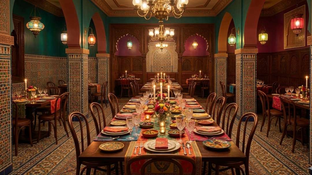 Colonel Saab London Indian restaurant interior — ornately tiled dining room with colorful lanterns and long celebration table, Central London