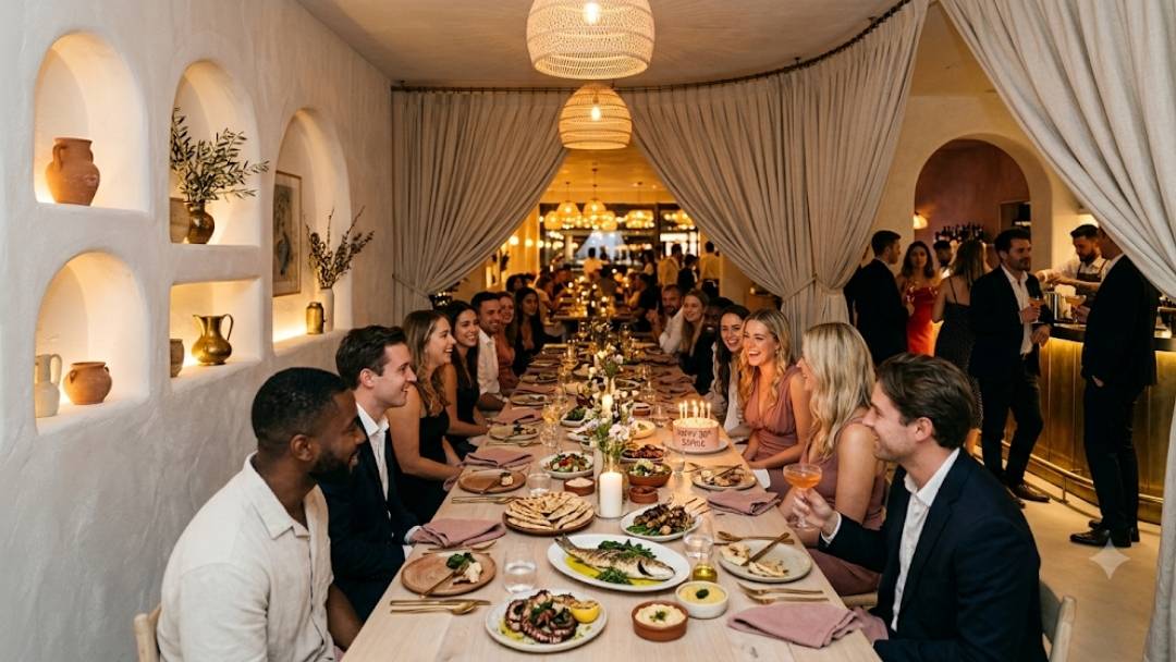 FENIX restaurant — 30th birthday celebration at long table in whitewashed Mediterranean-style dining room with bar area beyond