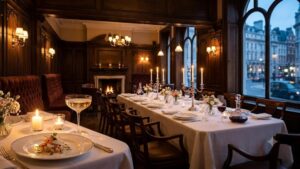 French private dining room in London — long candlelit table set for a group, wood-paneled walls, fireplace, and city view at dusk