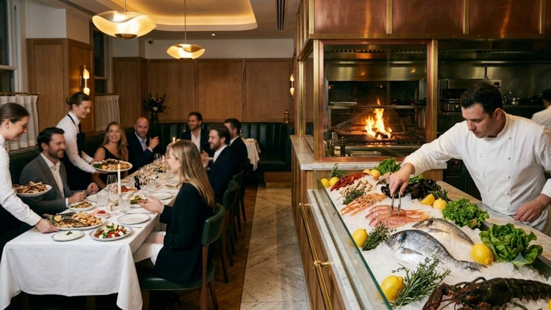 GAIA restaurant — corporate group dining beside fresh seafood display on ice, chef selecting fish at open fire grill station