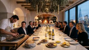 Greek private dining venue in London — chef preparing whole fish tableside for long marble table celebration with Shard skyline view