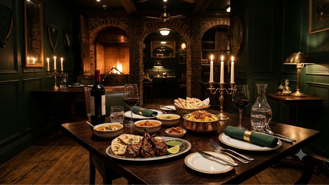 Gymkhana Mayfair private dining room — Indian feast of tandoori dishes, curries and naan on candlelit table beside fireplace, London