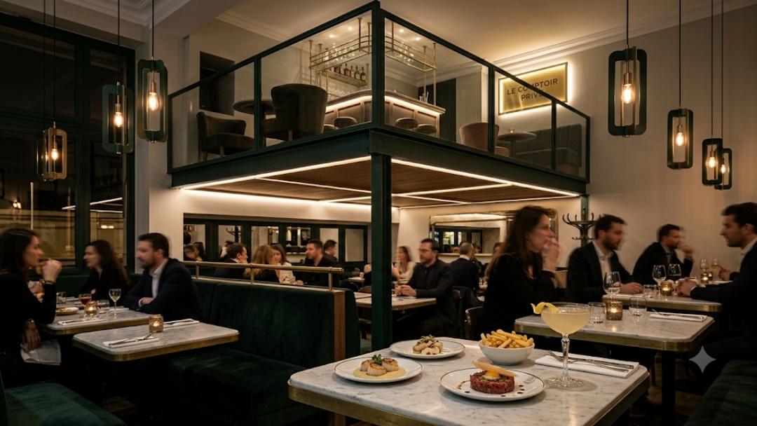 Henri Covent Garden Parisian bistro private dining near Theatreland: diners fill a stylish bistro with green booths and a mezzanine bar, with plated dishes on a marble table.