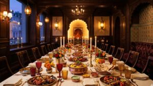 Indian private dining room London — long candlelit table laden with tandoori dishes, curries and naan beneath ornate archway, city view