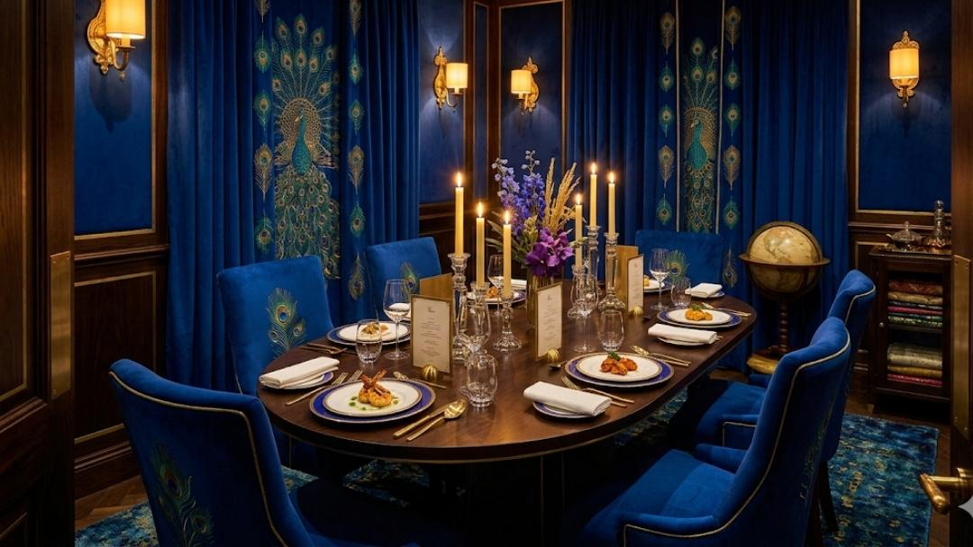 Kahani London private dining room — oval table set for celebration surrounded by royal blue peacock-embroidered chairs and drapery