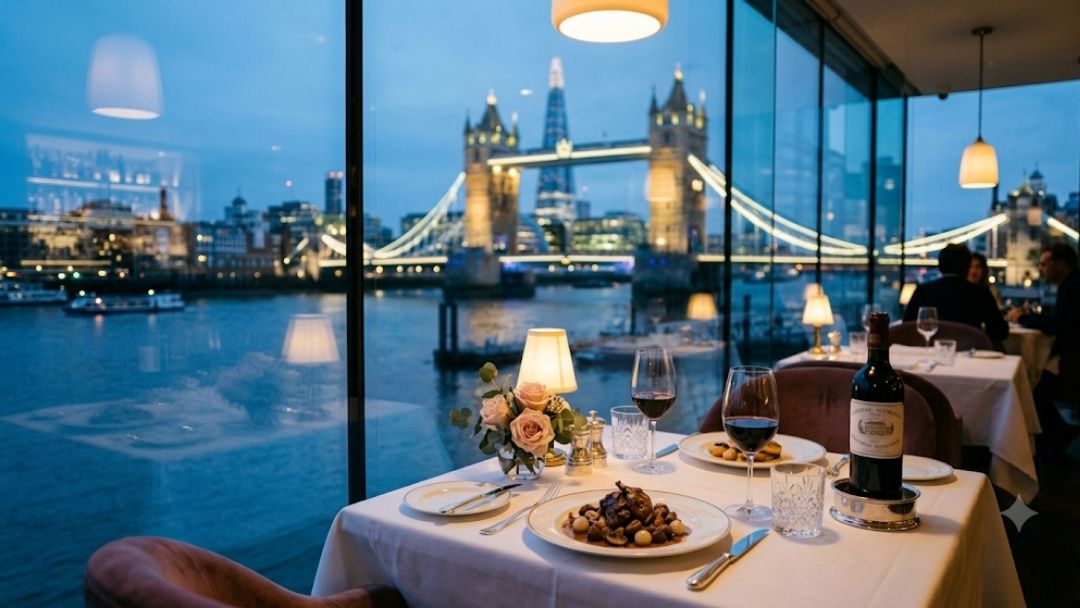 Le Pont de la Tour Tower Bridge restaurant with a private room: a candlelit dinner table set with wine and plated dishes by a window overlooking Tower Bridge at dusk.