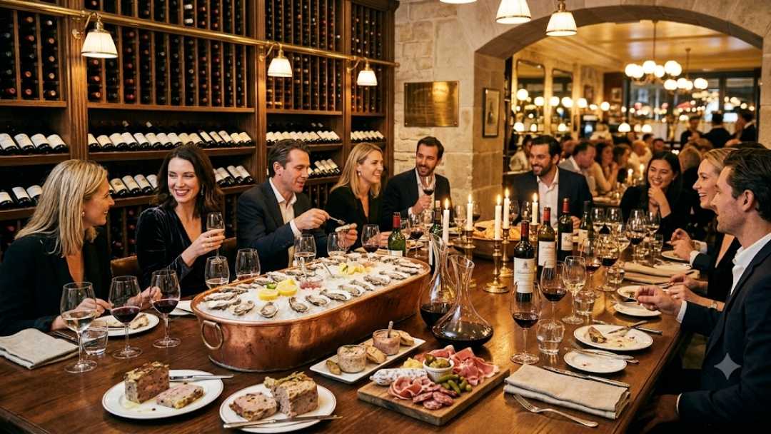Maison François London St James's wine room for private dining: guests enjoy wine, oysters, and charcuterie around a long table in a wine-cellar setting.