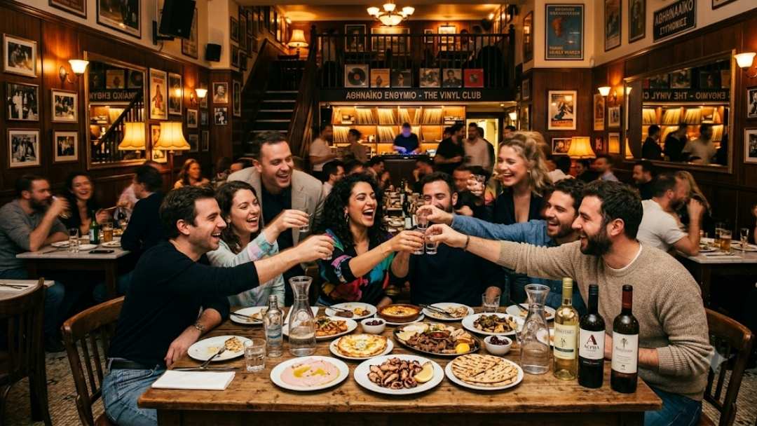 Maza restaurant — lively group toasting shots over Greek mezze spread in vinyl-record-decorated Athenian-style dining room