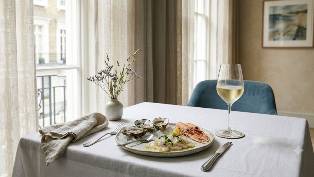 Mazarine Mayfair coastal French private dining for discreet dinners: a plate of oysters, prawn, and crudo with white wine on a linen-set table by a curtained window.
