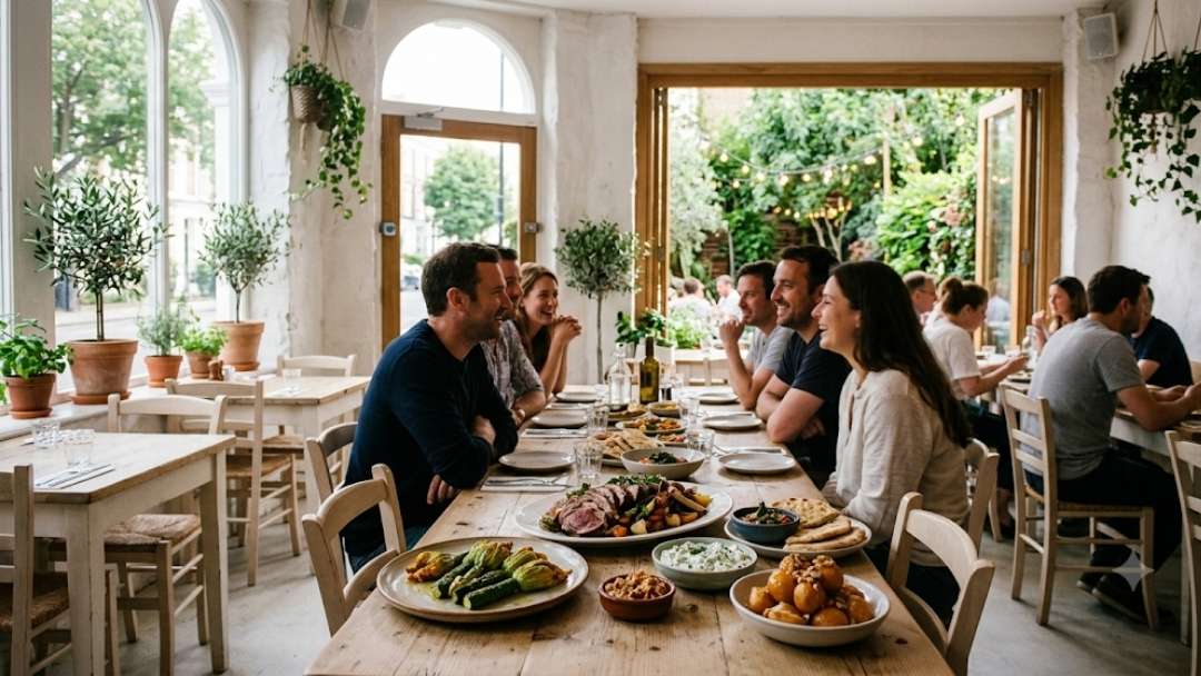 Mazi restaurant — intimate group dining at wooden table with Greek meze spread, bright conservatory-style dining room and garden view