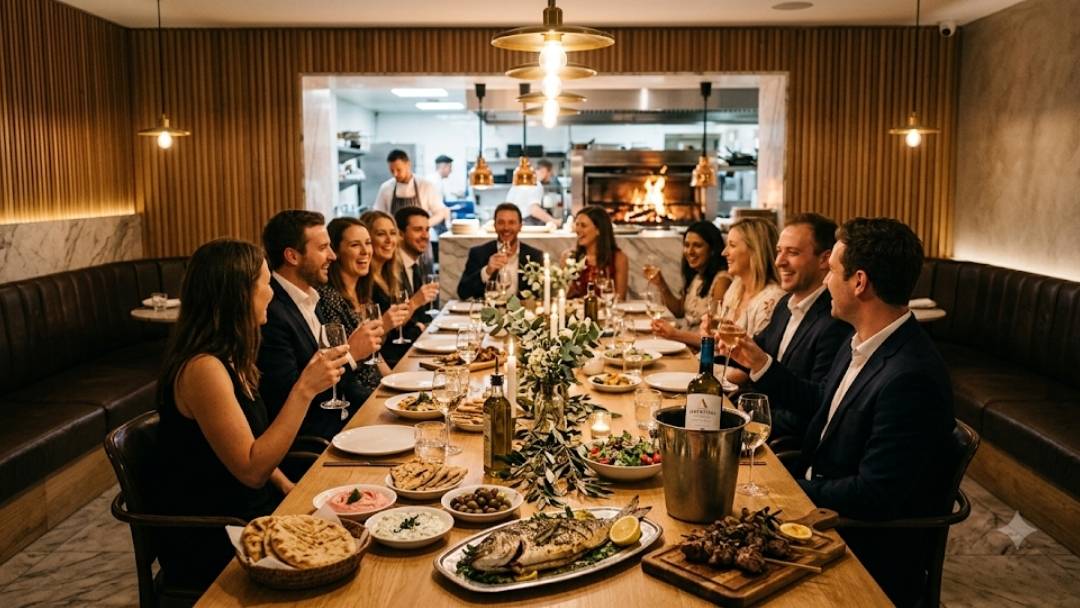 Meraki restaurant — celebration toast at long table with Greek mezze spread, view into open kitchen with flame grill behind