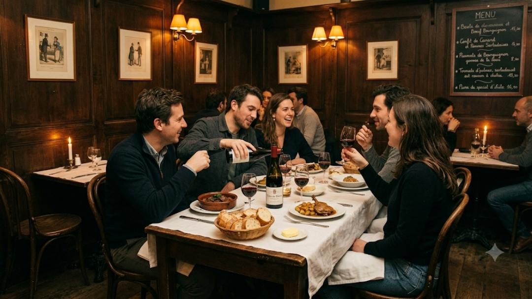 Noizé Fitzrovia relaxed French private dining near Goodge Street: friends share wine and French dishes around a candlelit table in a cozy wood-paneled bistro.