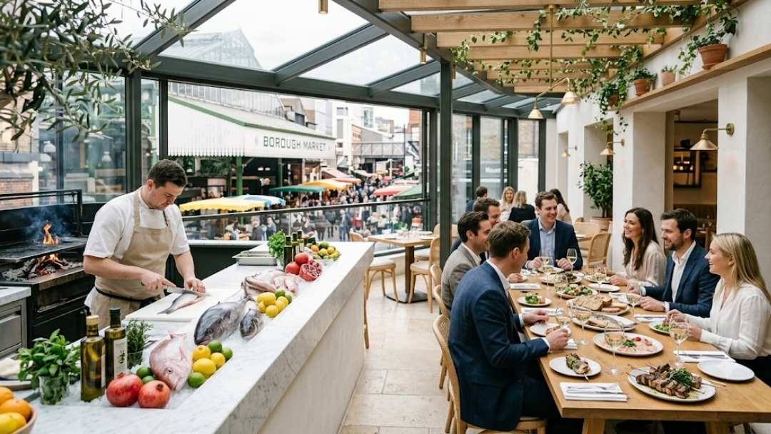 OMA restaurant — corporate lunch group at table overlooking Borough Market, chef preparing fresh fish at open counter