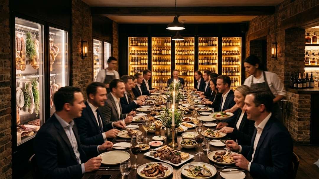 OPSO restaurant — corporate group dining at long table beside illuminated wine wall and dry-aged meat display, exposed brick interior