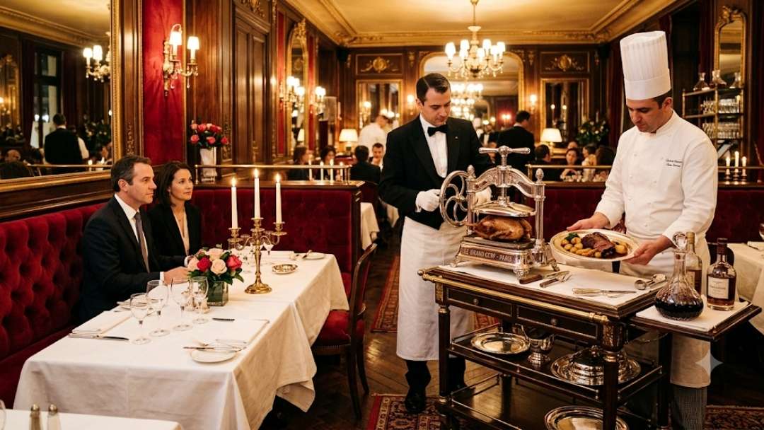 "Otto's French Restaurant Chancery Lane — waiter presenting duck press tableside as chef plates dish for diners in elegant red velvet dining room