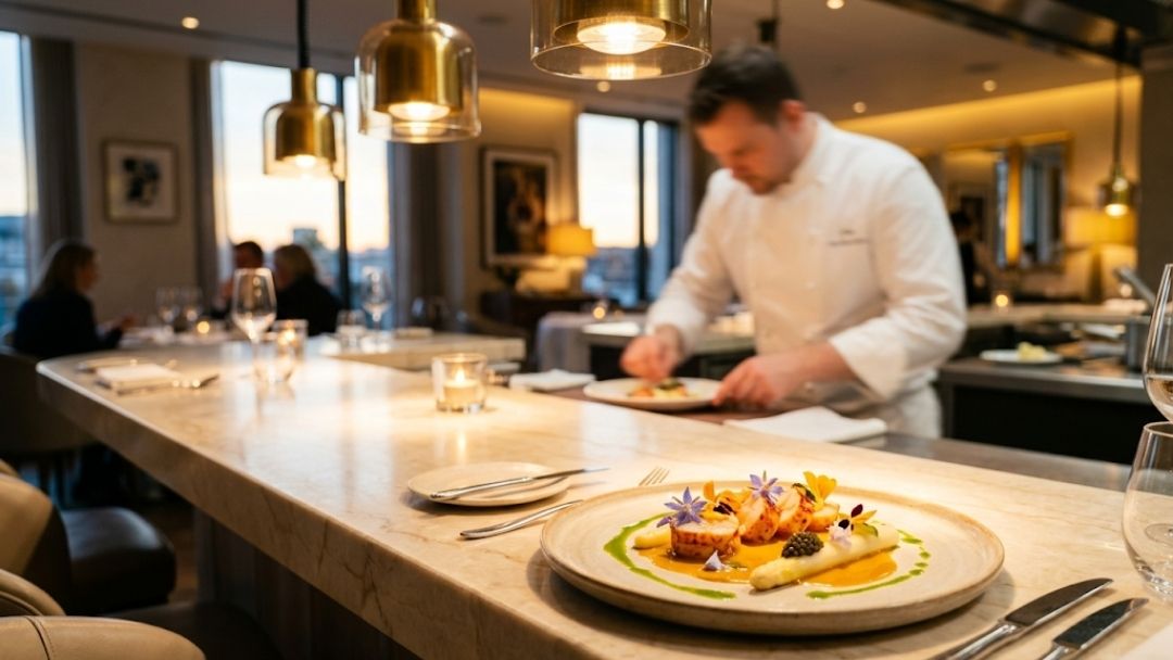 Pavyllon London Michelin-starred French private dining in Mayfair: a chef plates a dish behind a marble counter, with an elegantly garnished plate in the foreground.