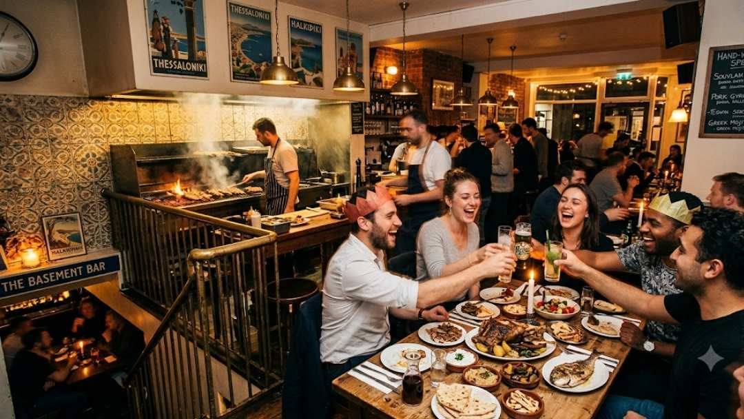 Suzi Tros — relaxed group dinner wearing party crowns, toasting drinks near open grill station, Greek taverna-style interior