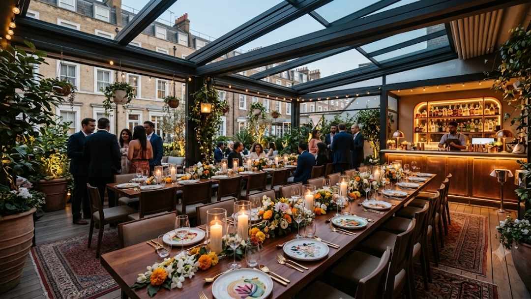 Tamarind Mayfair private dining terrace with glass roof — long floral-decorated table, guests mingling by bar, London skyline backdrop